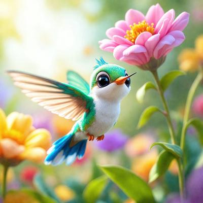 The primary subject of the image is a small, colorful bird with blue wings and a green head. The bird is flying in the air, close to a pink flower. The setting is a garden with a variety of flowers, creating a vibrant and lively atmosphere. The visual style of the image is a combination of photo and digital art, giving it a unique and artistic appearance. The colors and mood of the image are predominantly bright and cheerful, with the bird and flowers adding a sense of liveliness and beauty to the scene.